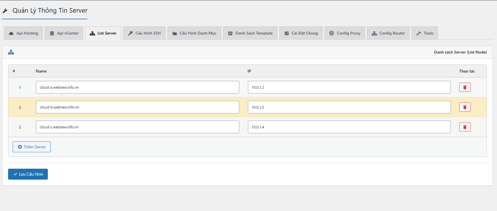 Danh sách Node Server trong cụm