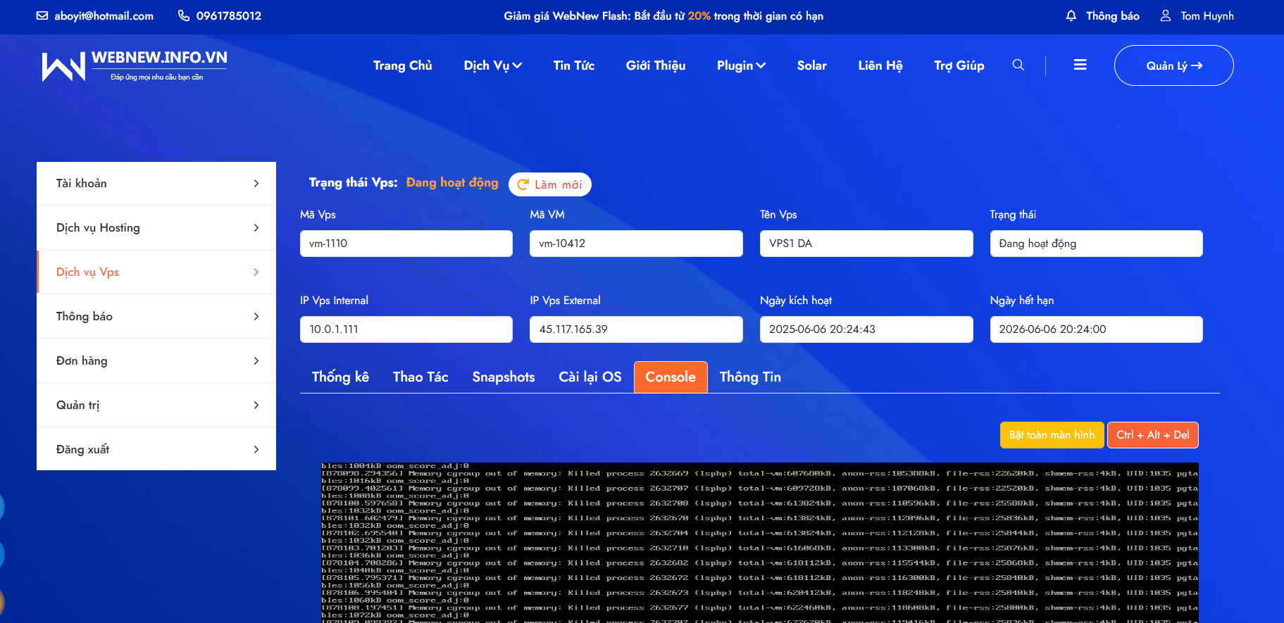 Console VPS trên trình duyệt