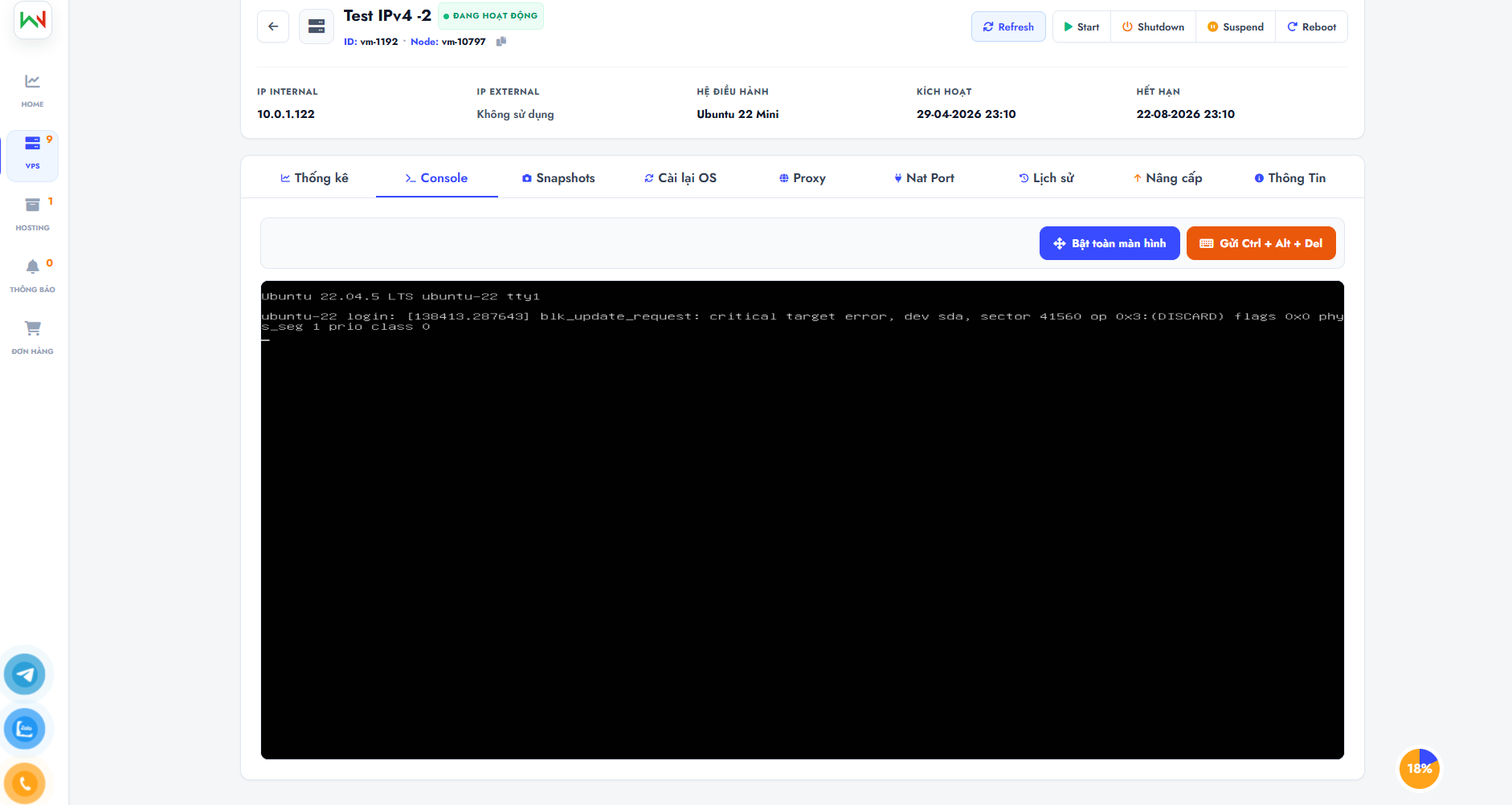 Console VPS trên trình duyệt